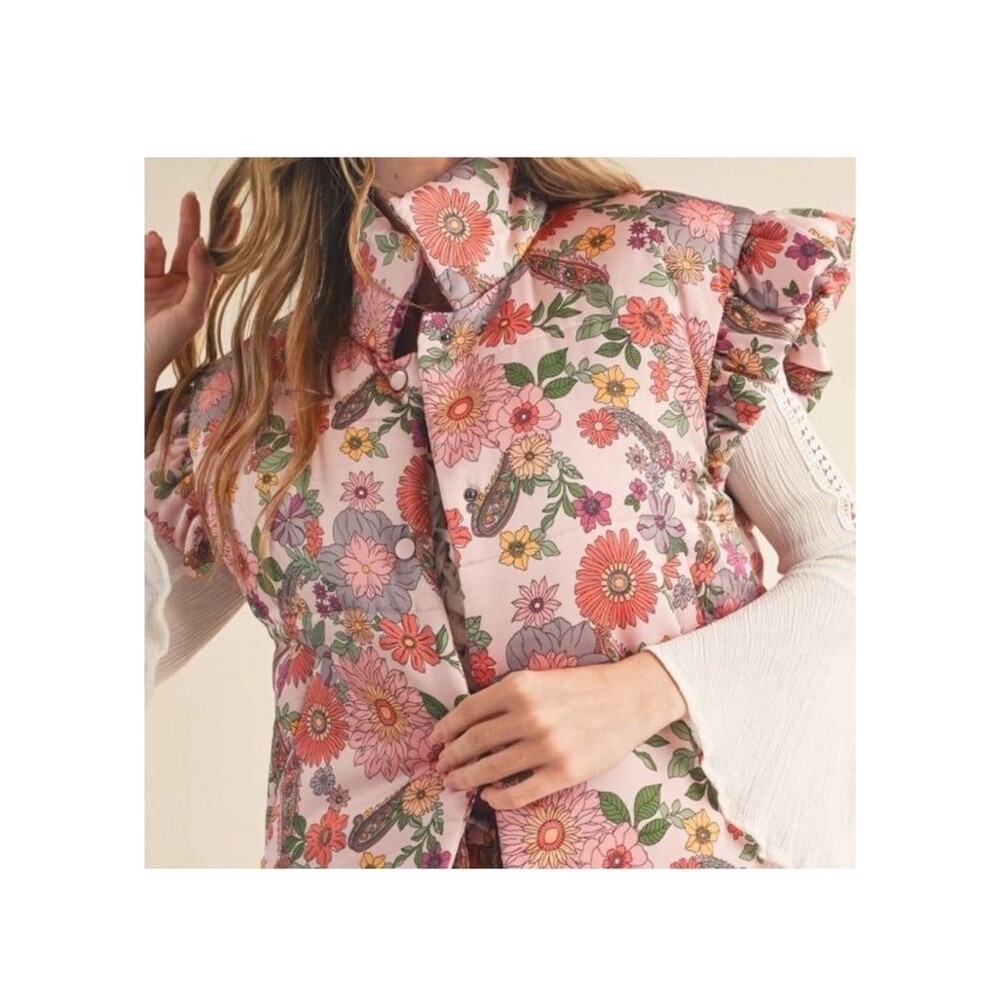&Merci vest en merci Puffer vest floral vest flutter sleeve ruffle sleeve NEW s